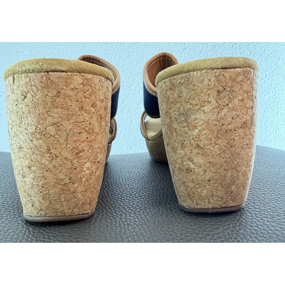 Clarks Elements Strappy Open Toe Blue Denim Platform Sandals Cork Wedge 9.5 Boho